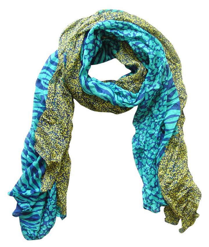 All seasons retro zebra and leopard mix animal print crinkle scarf wrap in teal and yellow