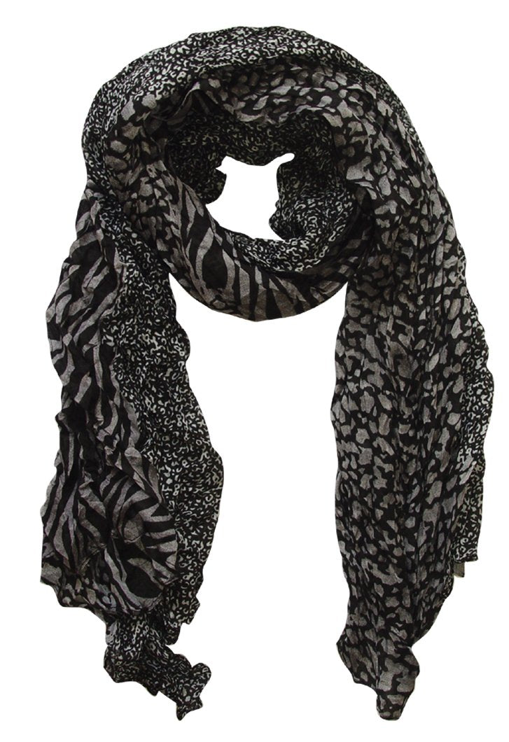 Lightweight crinkle scarf with a mix of retro zebra and leopard animal prints in grey and black.