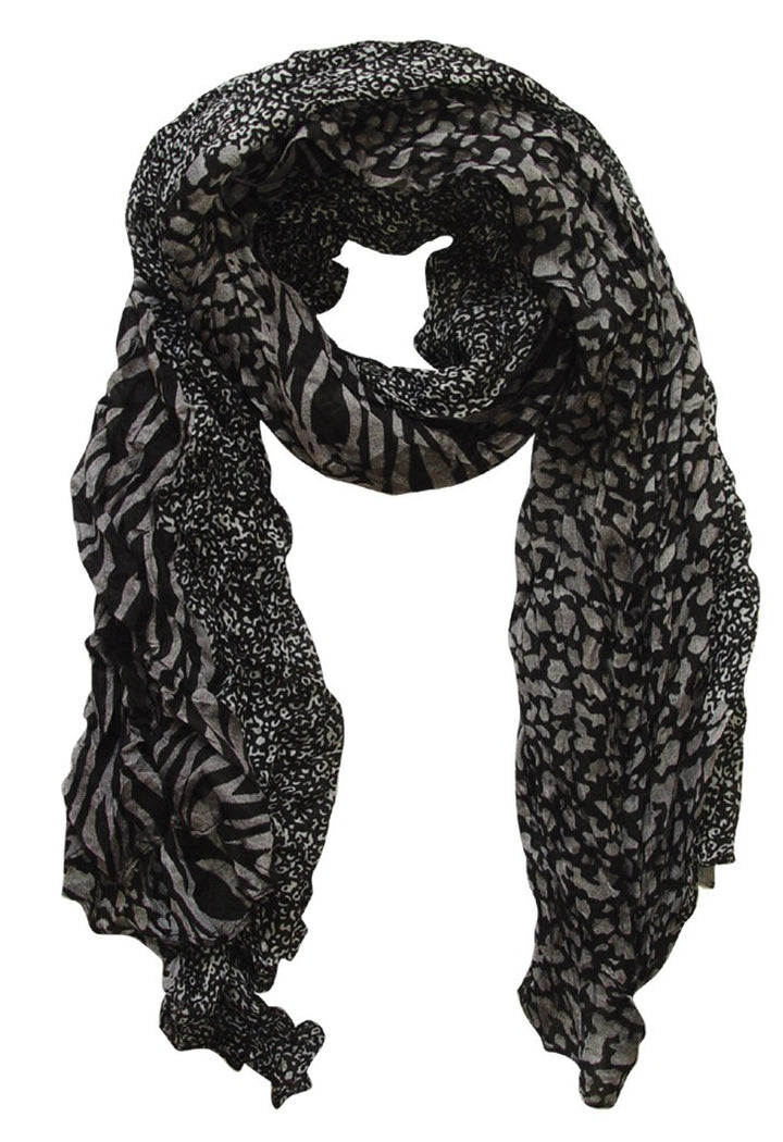 Lightweight crinkle scarf with a mix of retro zebra and leopard animal prints in grey and black.