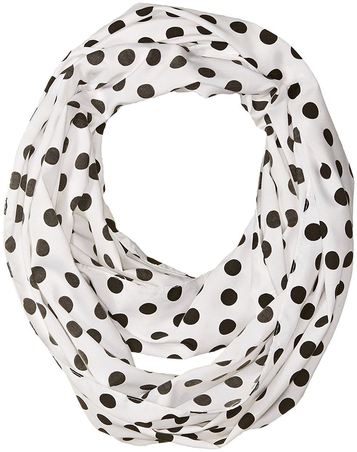 Light and sheer white infinity loop scarf with a black polka dot circle print for women.