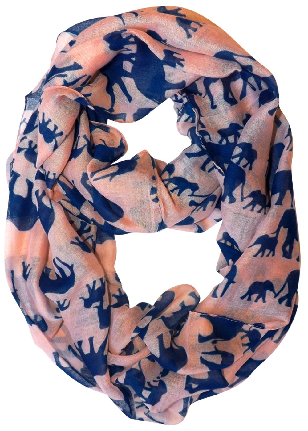 Artsy animal print infinity scarf featuring an elephant and flower pattern in peach and blue colors for women