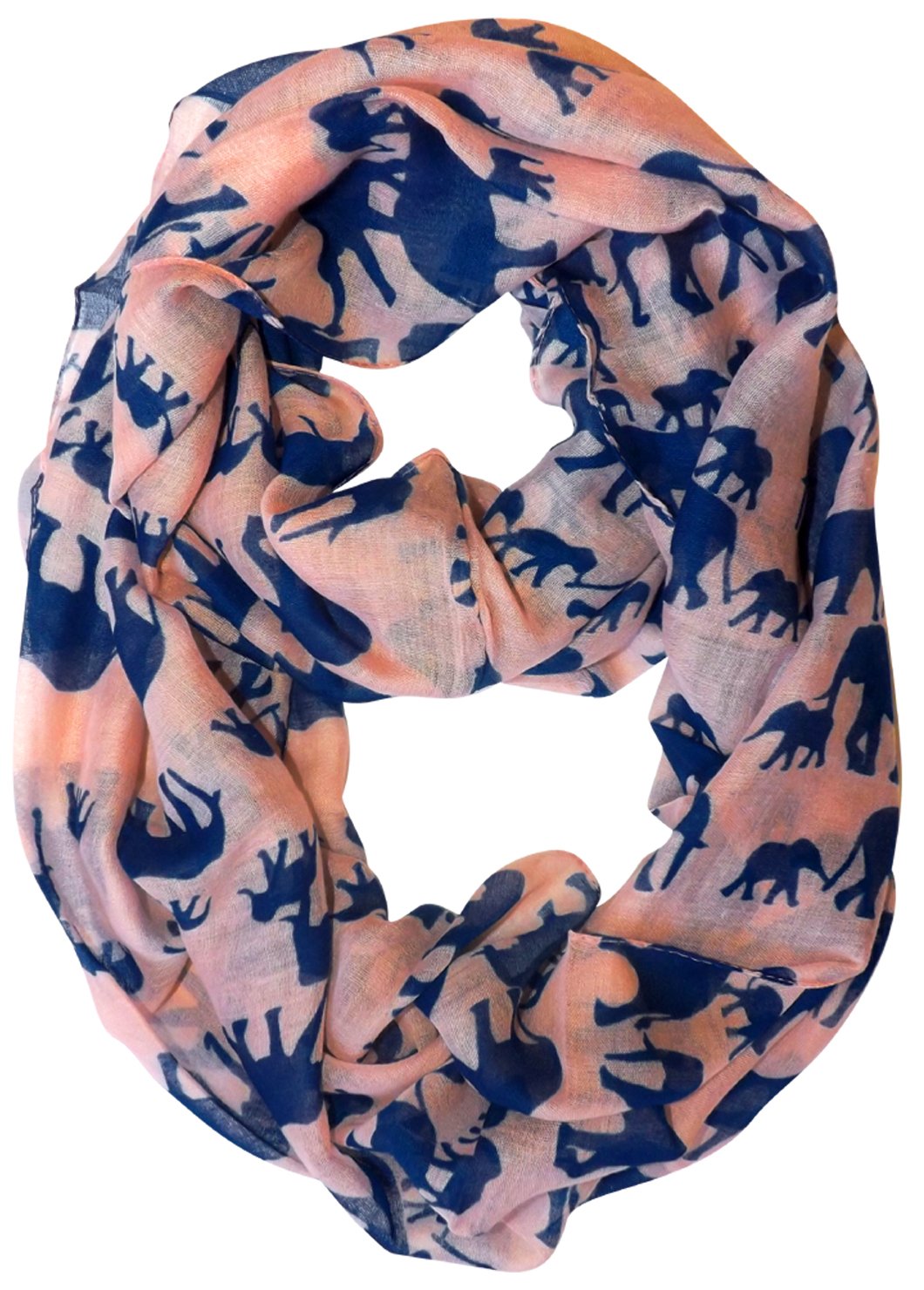 Artsy animal print infinity scarf featuring an elephant and flower pattern in peach and blue colors for women