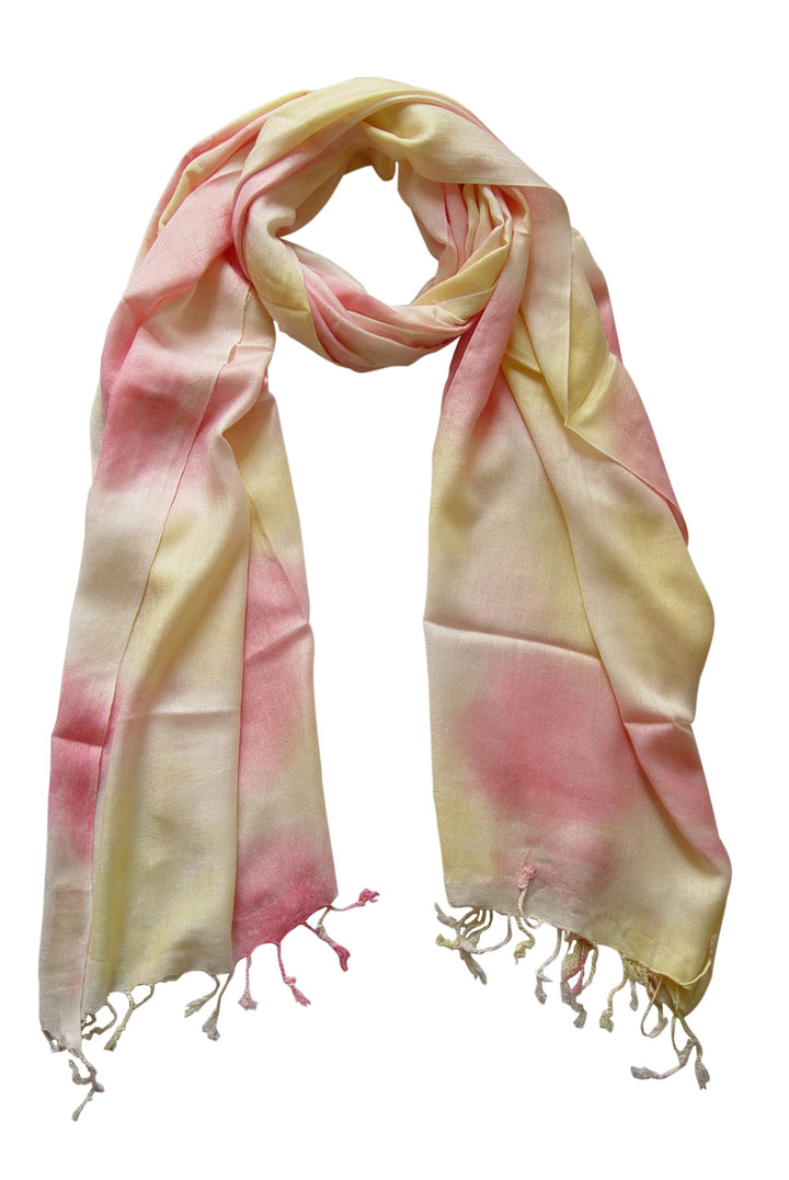 Exclusive designer faded tie-dye pashmina shawl in pink and yellow with soft fringe detail