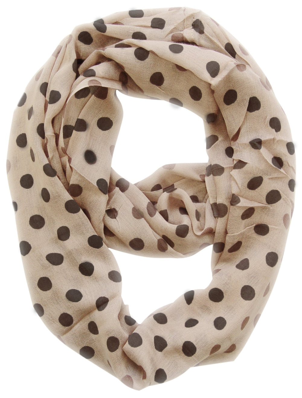 Lightweight and sheer cream infinity loop scarf with a vintage-inspired polka dot and circle print.