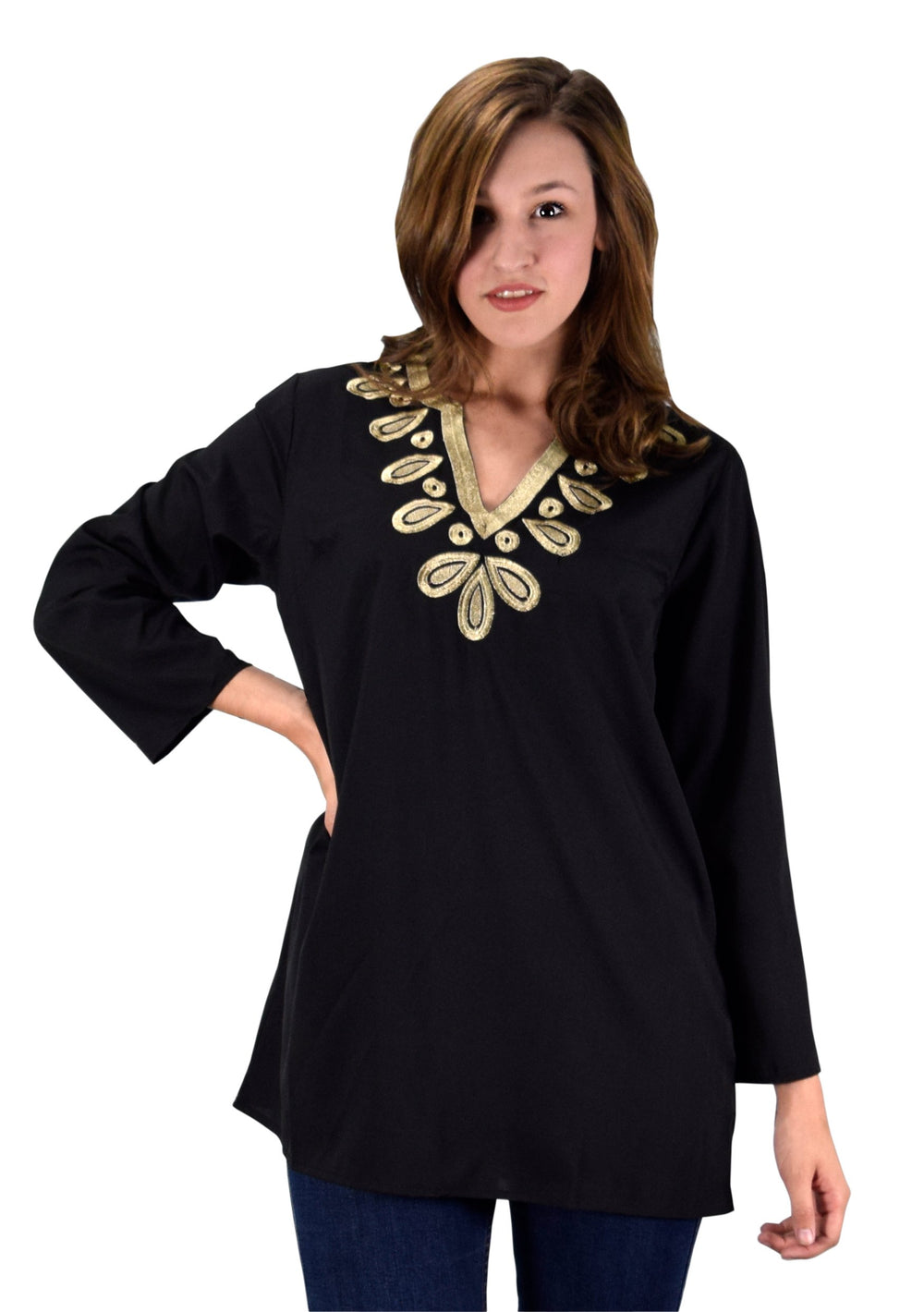 Black boho embroidered swimwear cover-up beachwear tunic for women.