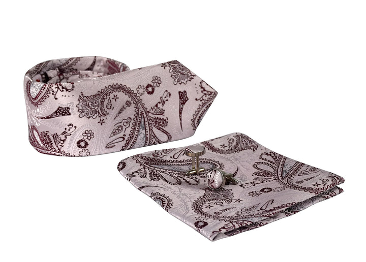 Men's Pink and Red Paisley Tie Set with Cufflinks and Pocket Square