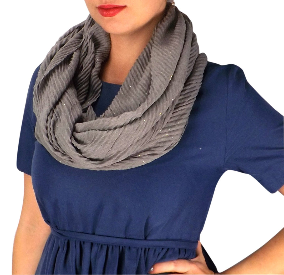Peach Couture Sheer Sequin Striped Crinkled Pattern Infinity Loop Scarves Grey