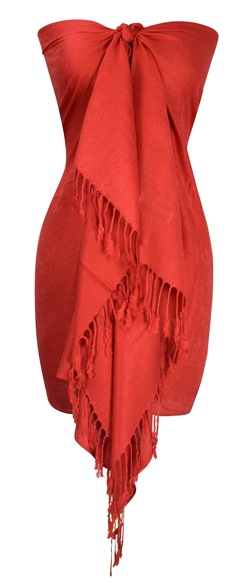 Elegant vintage red jacquard paisley shawl wrap with intricate woven patterns and fringe.
