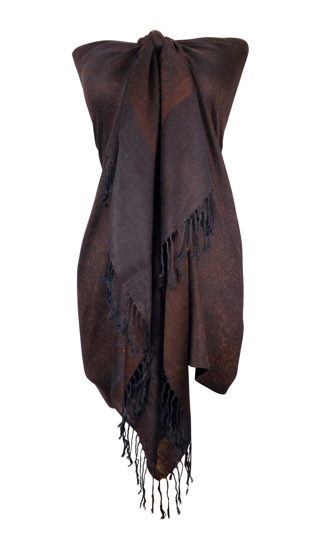 Elegant vintage two-color jacquard paisley pashmina shawl wrap in brown and coffee.
