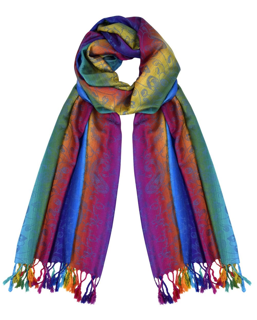 Rainbow silky tropical pashmina wrap shawl with a vibrant multi-colored exotic vine pattern in blue and fringed edges.