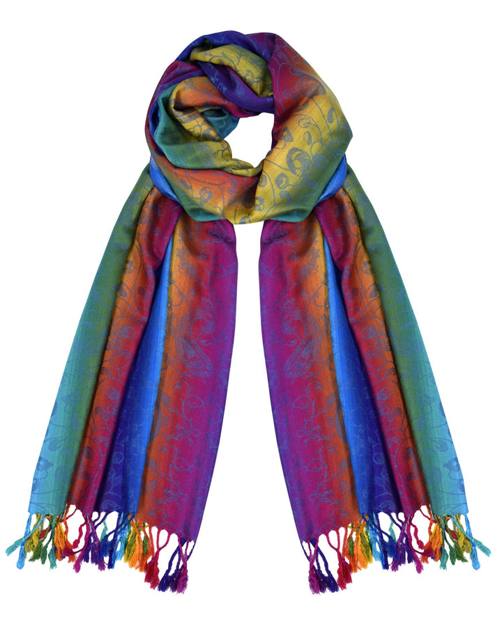 Rainbow silky tropical pashmina wrap shawl with a vibrant multi-colored exotic vine pattern in blue and fringed edges.