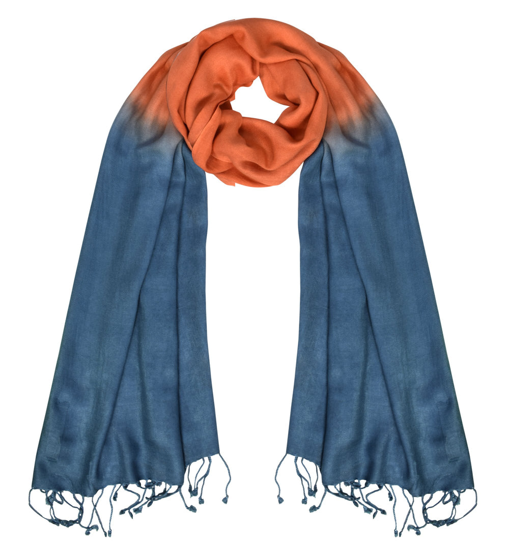 Vibrant teal and orange tie-dye pashmina shawl with soft fringe detail