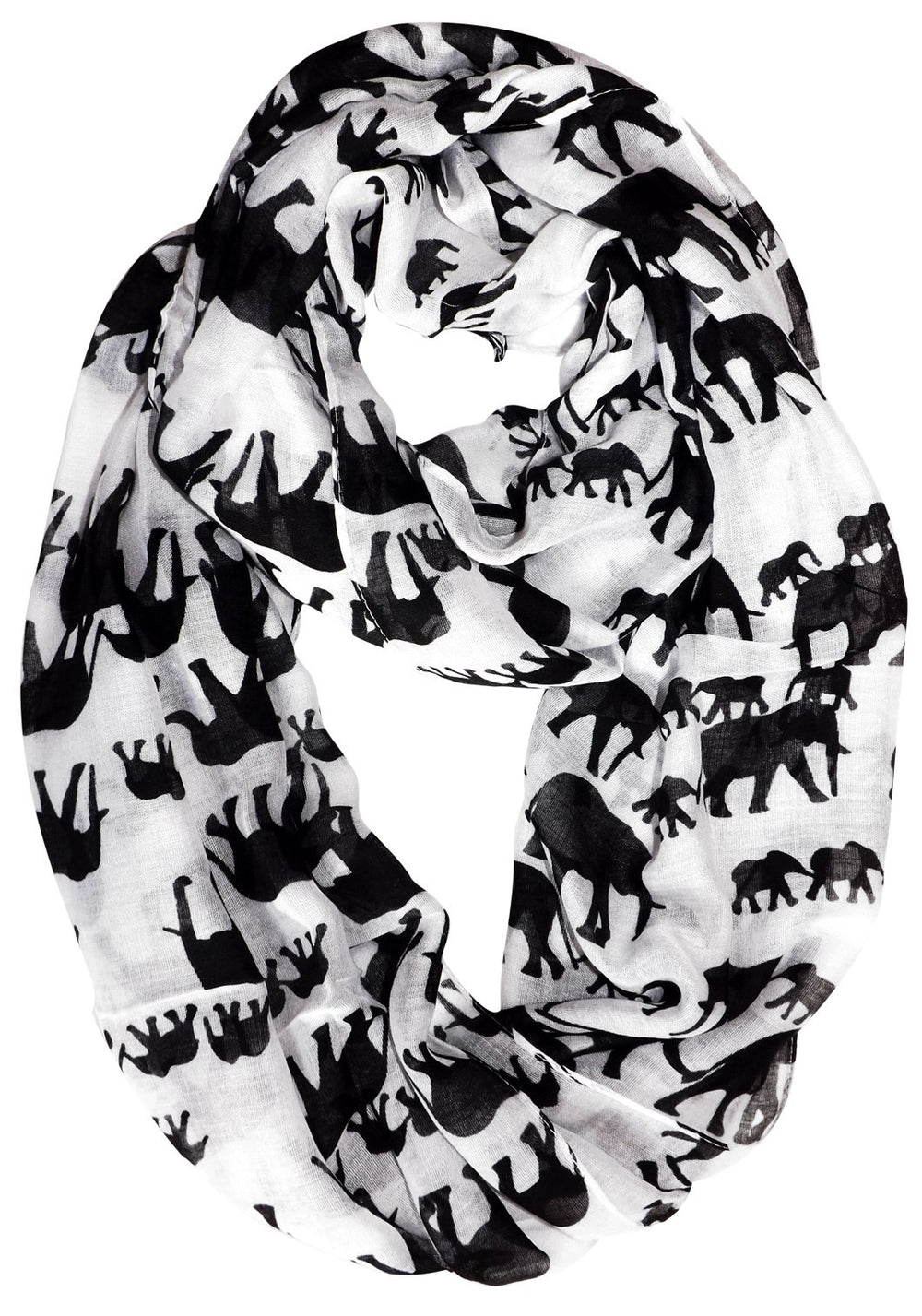 Animal print artsy elephant flower infinity loop double wrap scarf in white and black