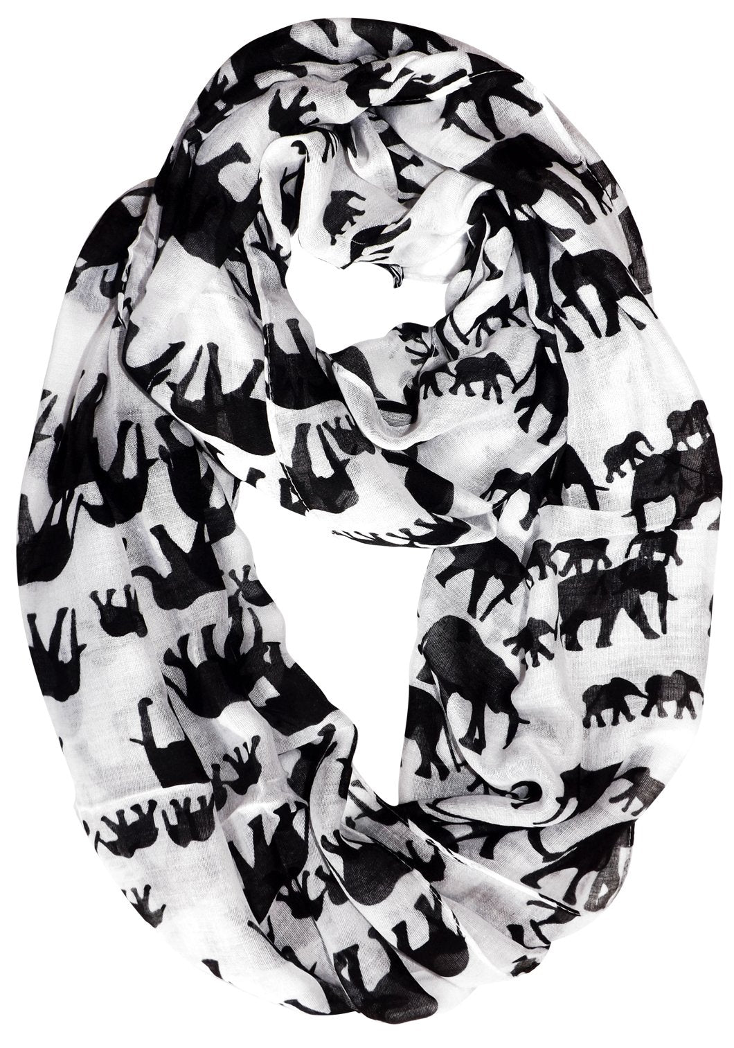 Animal print artsy elephant flower infinity loop double wrap scarf in white and black