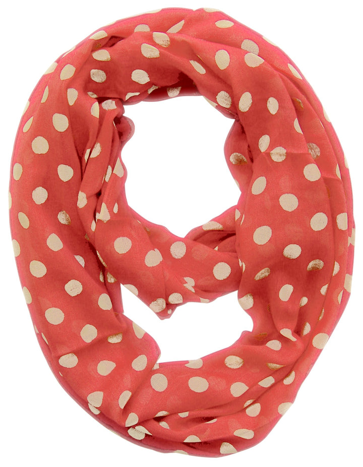 Light and sheer coral infinity loop scarf with a polka dot circle print for women.