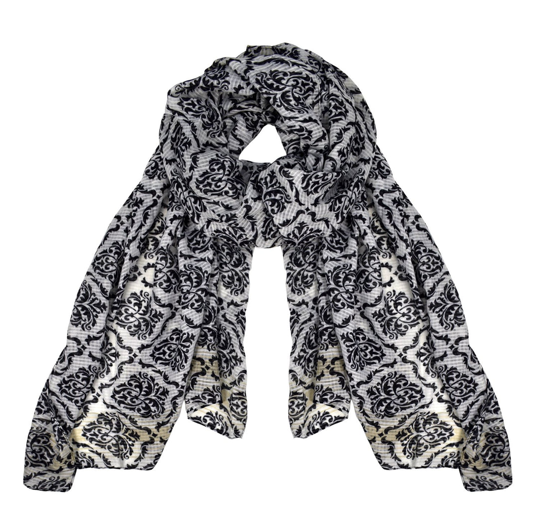 Peach Couture Womens Summer Fashion Light Weight Damask Print Long Scarf White Black
