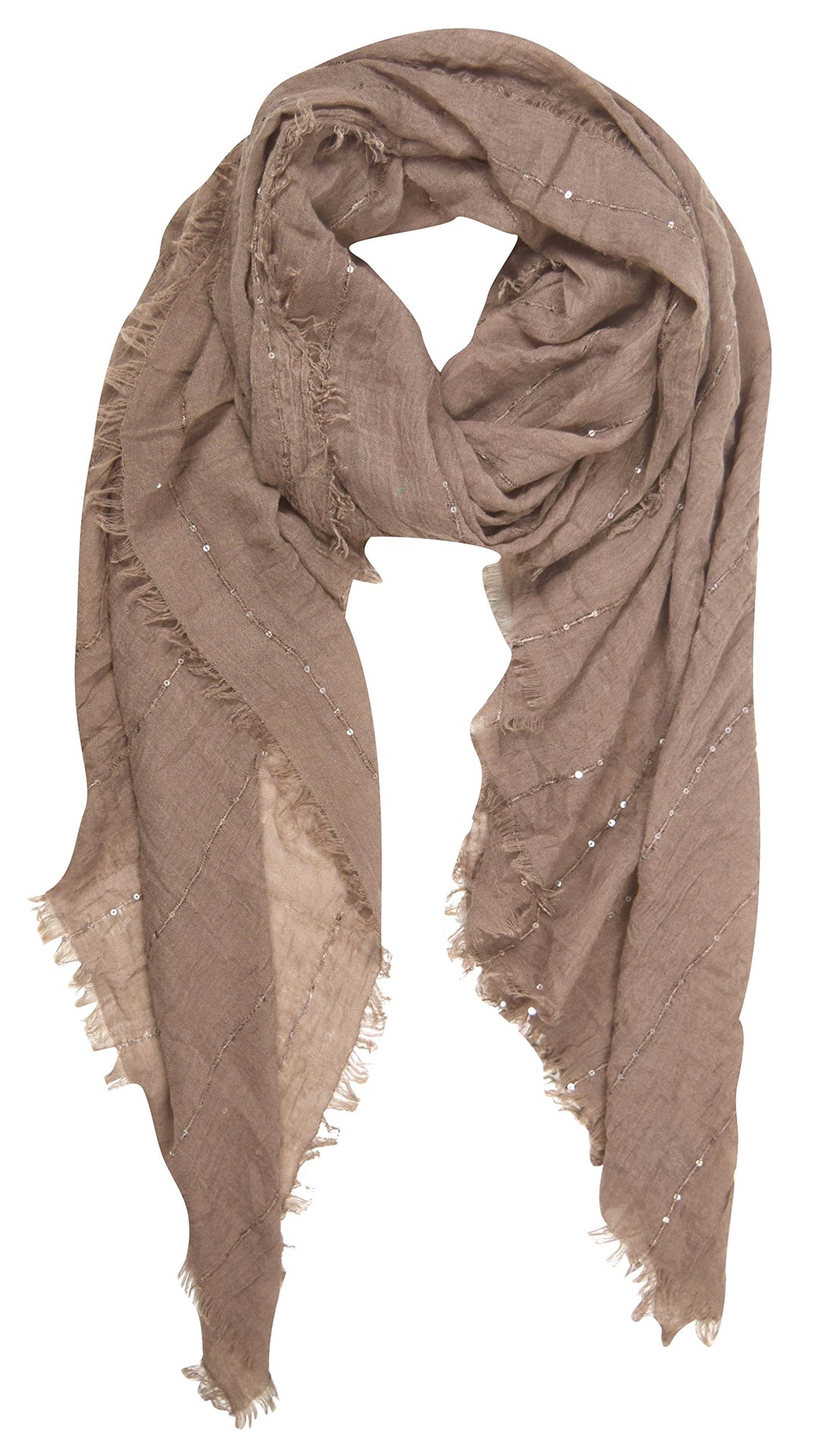 Peach Couture Women’s Sparkle Sequin Bohemian Sheer Woven Knit Fringe Scarf (Tan)
