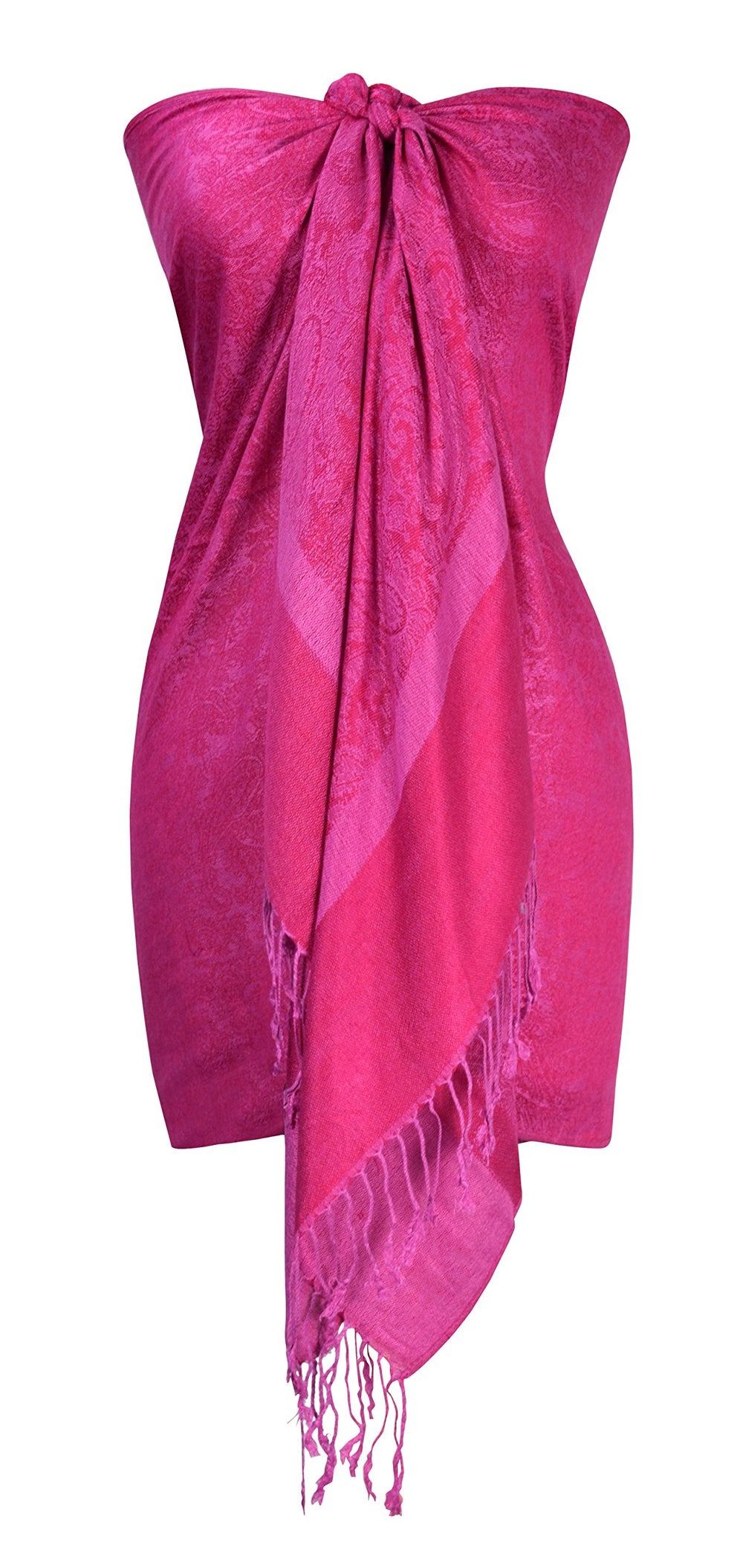 Elegant vintage solid color jacquard paisley shawl wrap in hot pink.