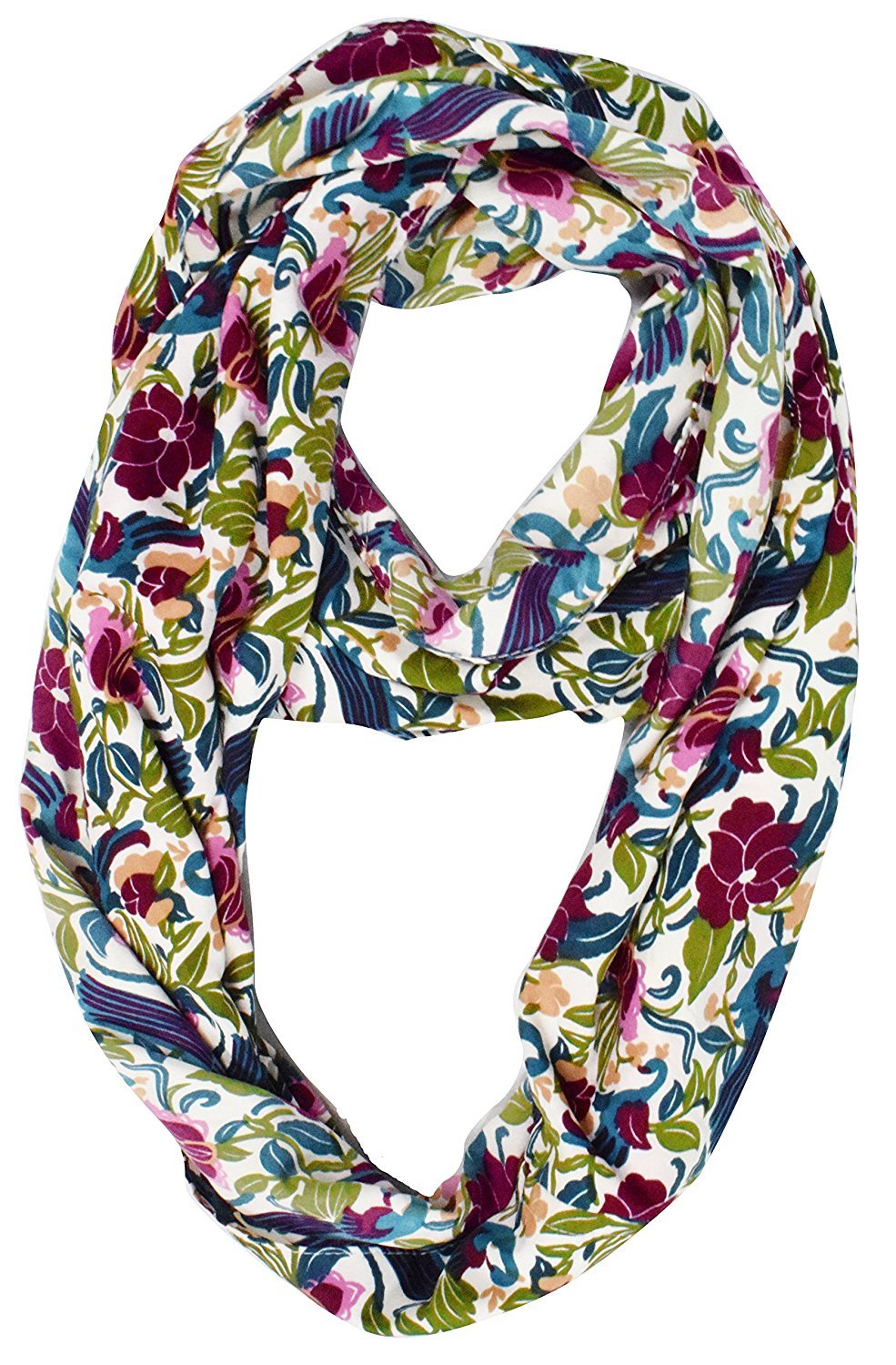 Sheer bird print infinity scarf for women in white and maroon colors