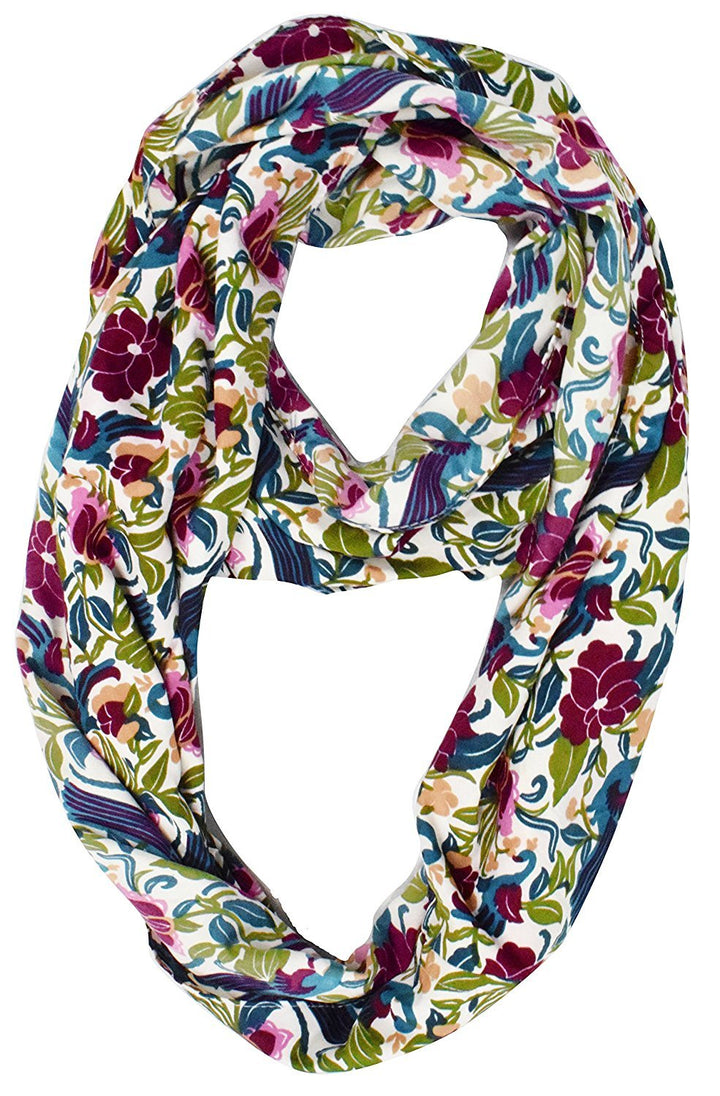 Sheer bird print infinity scarf for women in white and maroon colors