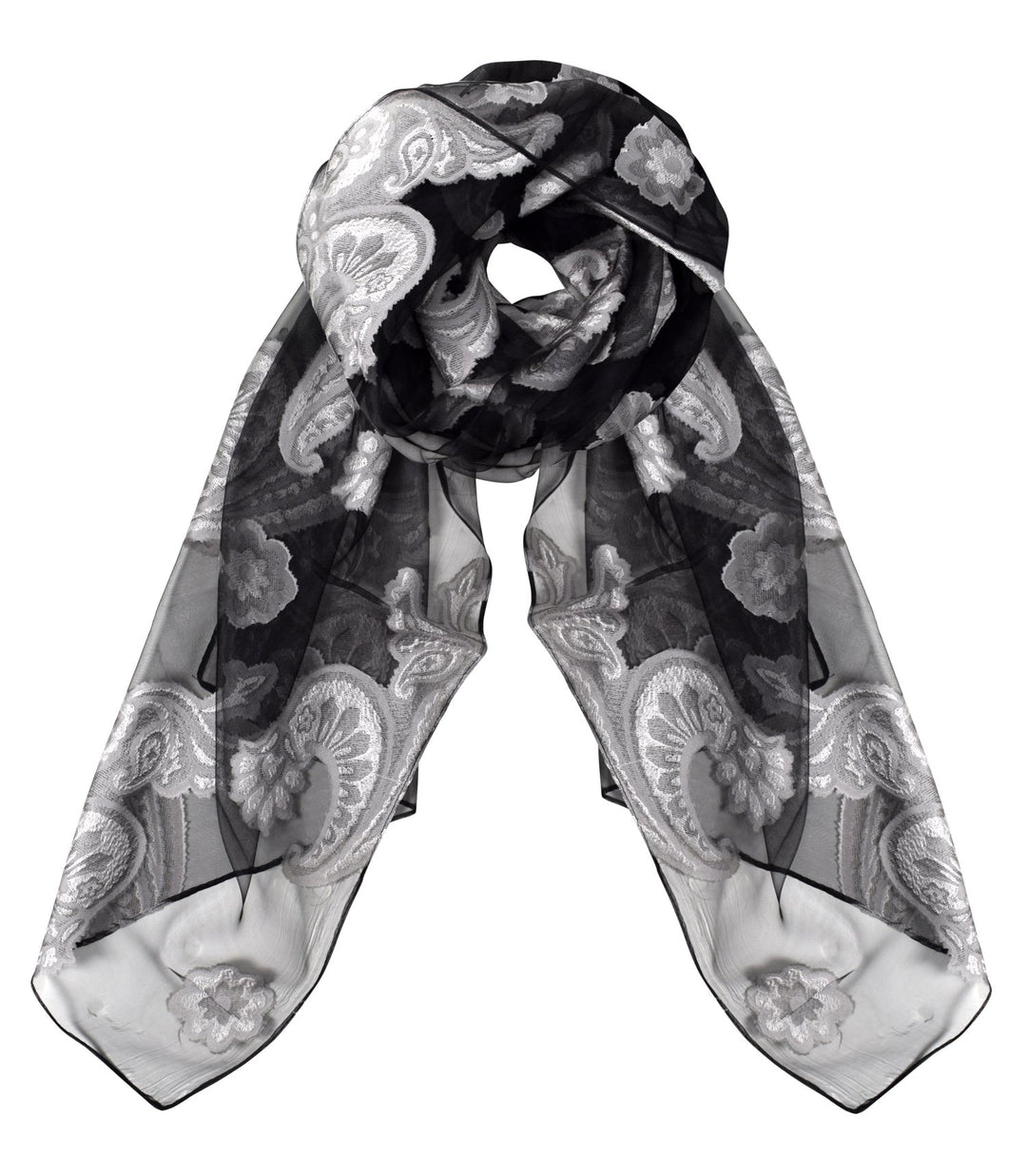 Peach Couture Lightweight Sheer Embroidered Paisley Burnout Summer Scarf Black Grey