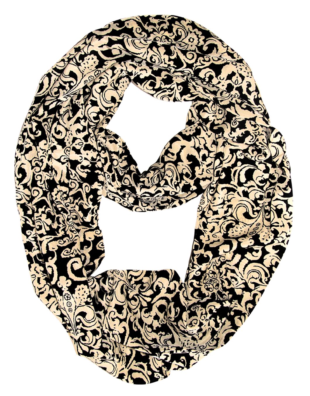Light Soft Silky Elegant Gatsby Henna Damask Print Infinity Loop Scarf (Black and Ivory)