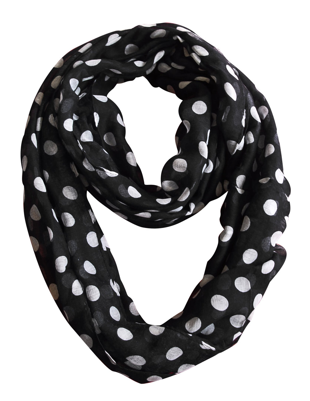 Lightweight and sheer black and white polka dot infinity loop scarf with a classic circle print.