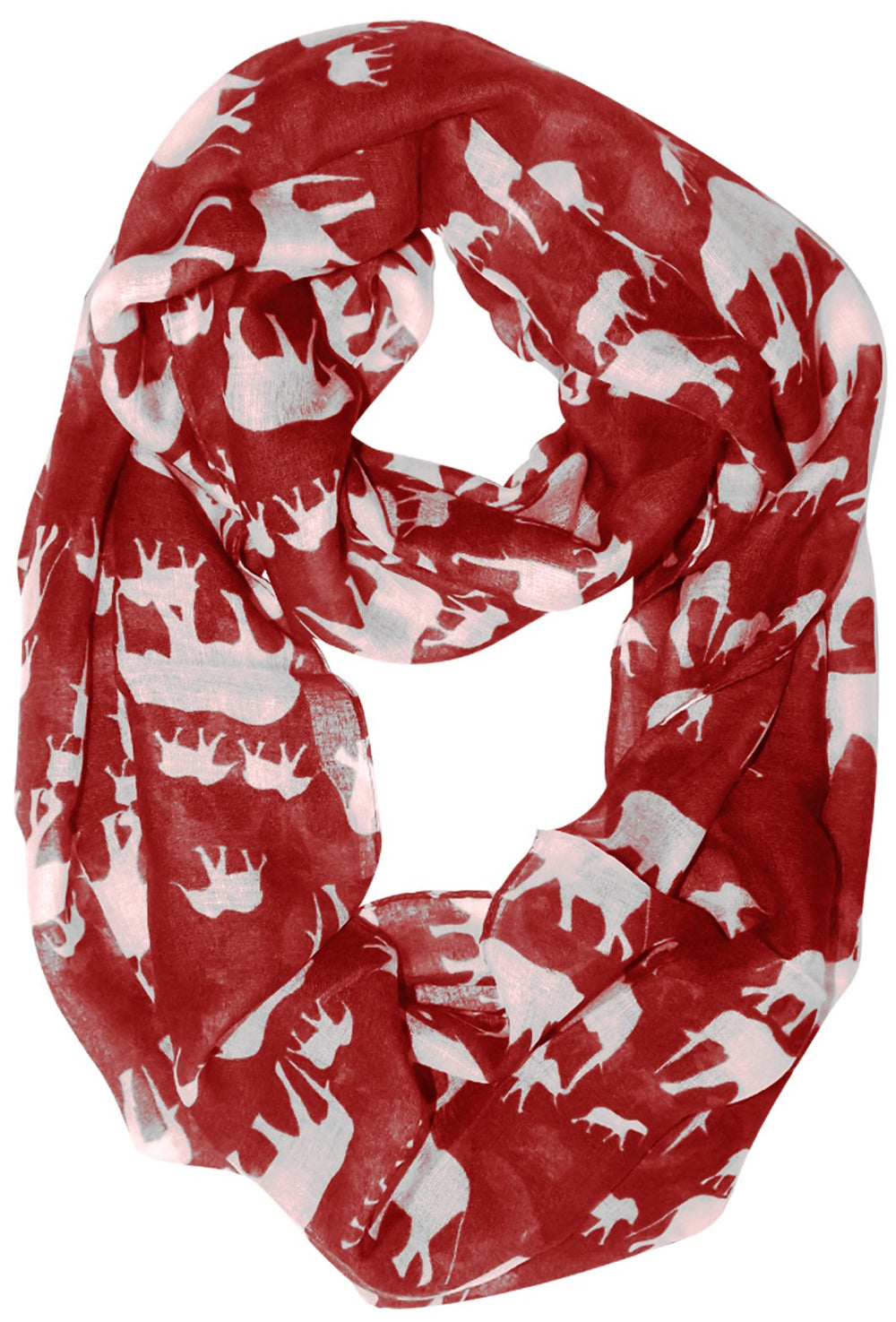 Sheer red and white infinity scarf featuring an artsy animal print elephant pattern for women