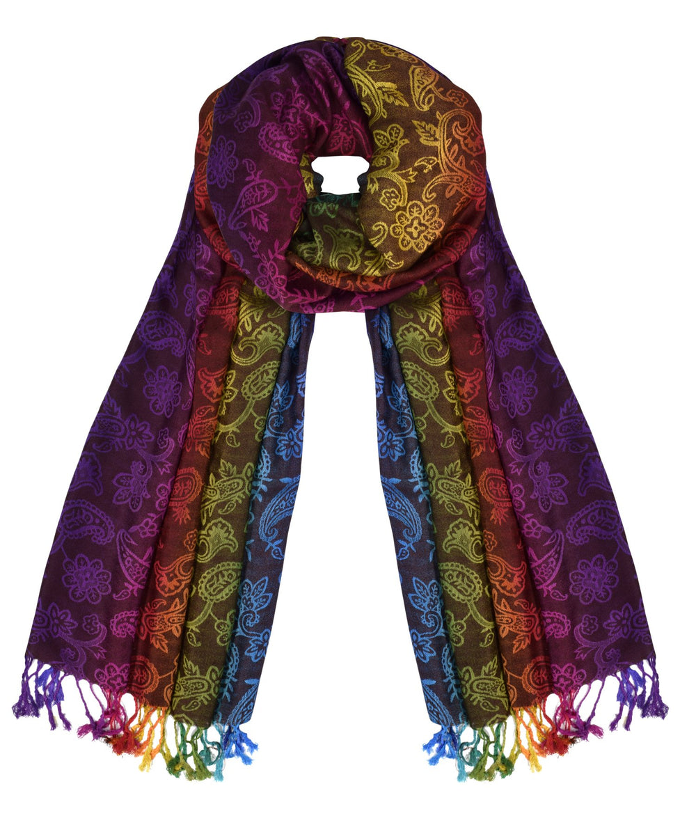 Colorful tropical pashmina wrap with a silky texture and vibrant exotic patterns in shades of chocolate and paisley.