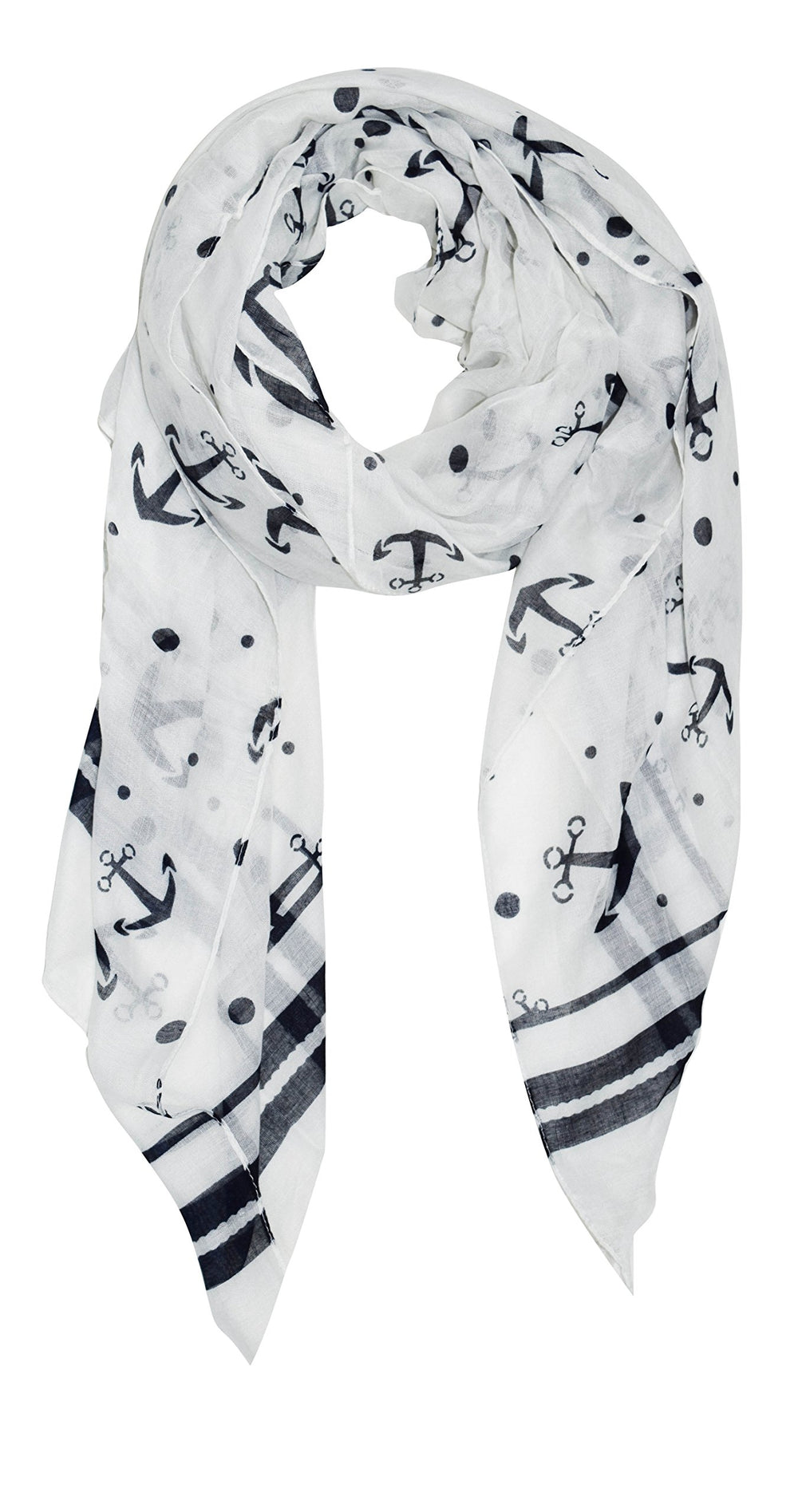 Sheer white infinity loop scarf featuring a navy blue chain border and nautical prints of anchors, sailors, and polka dots.