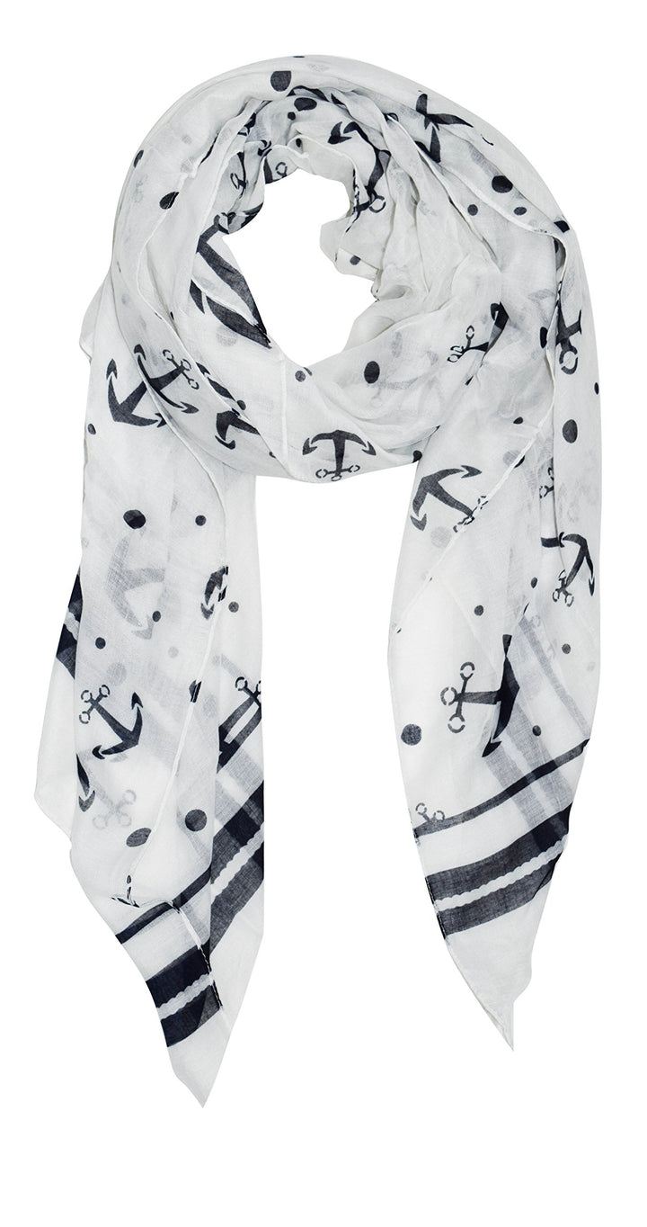 Sheer white infinity loop scarf featuring a navy blue chain border and nautical prints of anchors, sailors, and polka dots.
