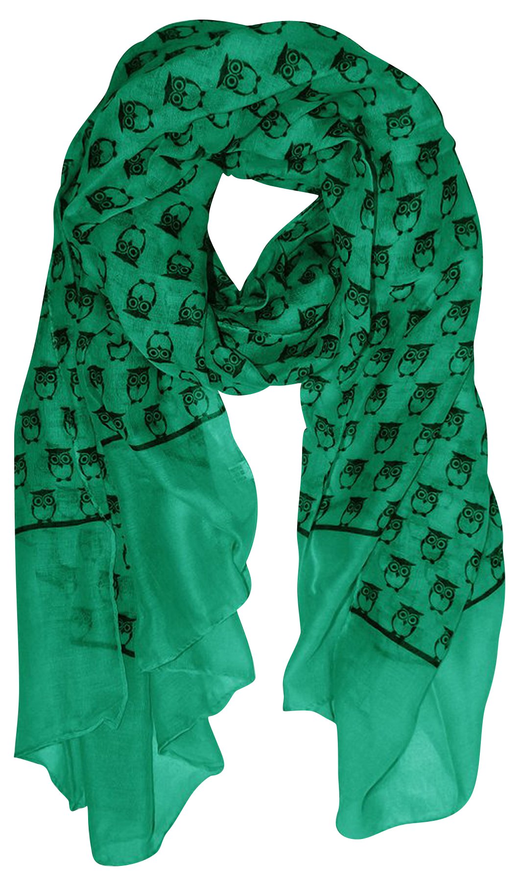 Lightweight teal blue fashion scarf with vintage owl print pattern for women