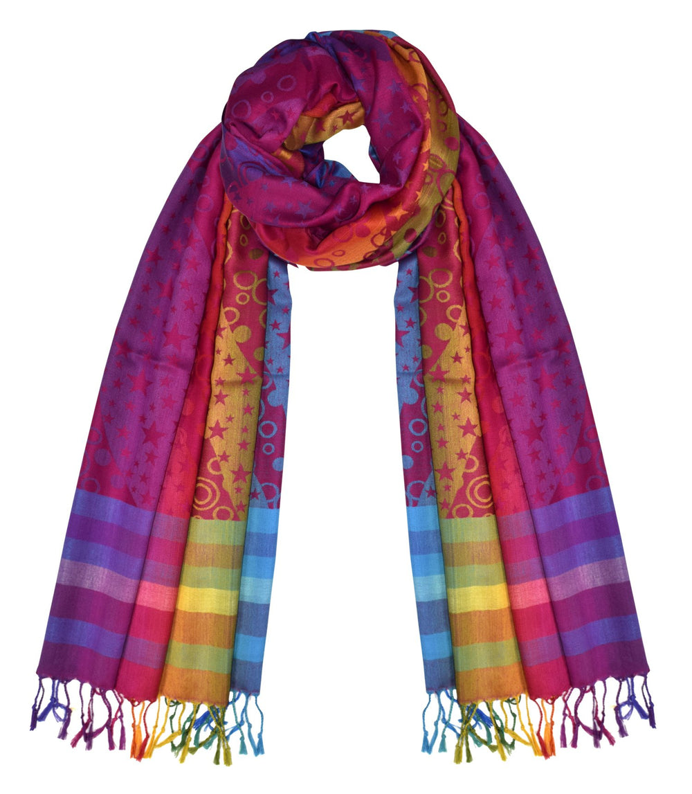 Rainbow silky tropical pashmina wrap shawl with a vibrant multi-colored star pattern in pink and purple.