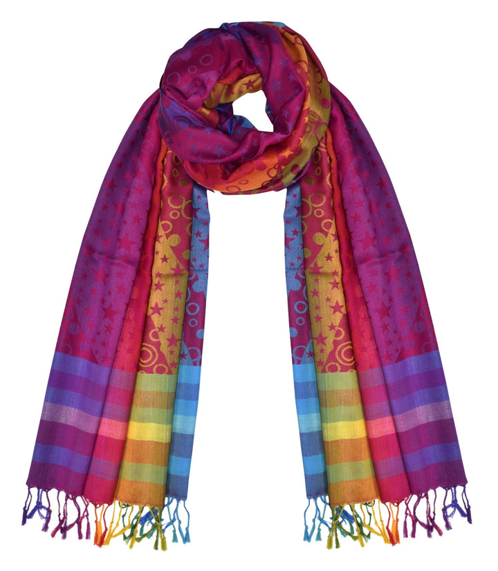 Rainbow silky tropical pashmina wrap shawl with a vibrant multi-colored star pattern in pink and purple.