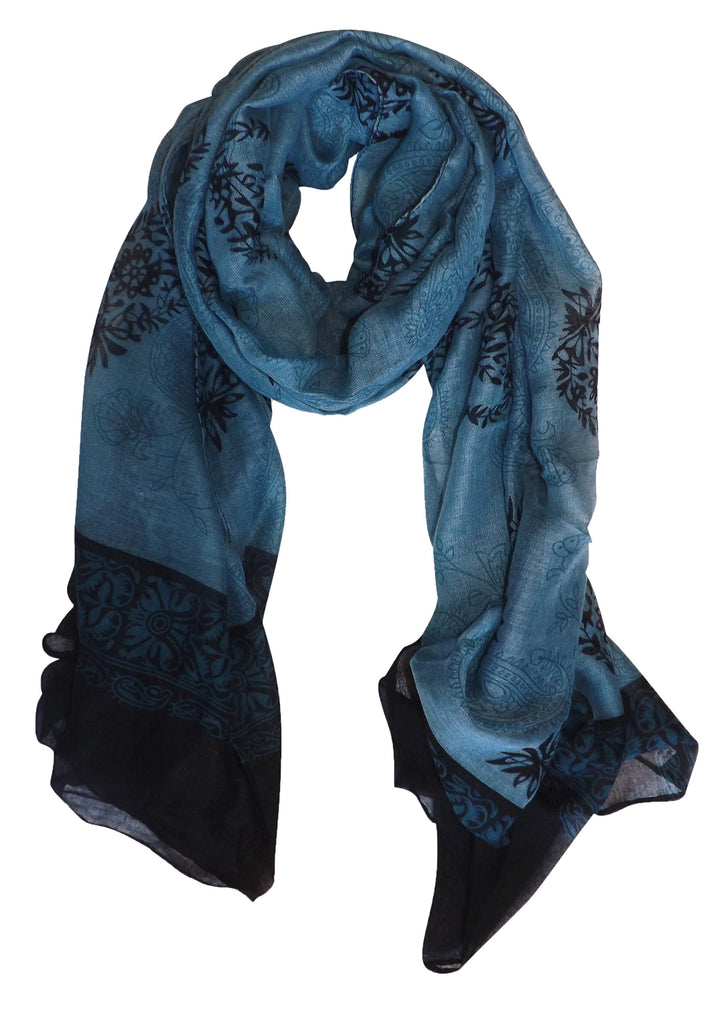 All Season Tribal Flower graphic print Paisley Lightweight Scarf Periwinkle and Black