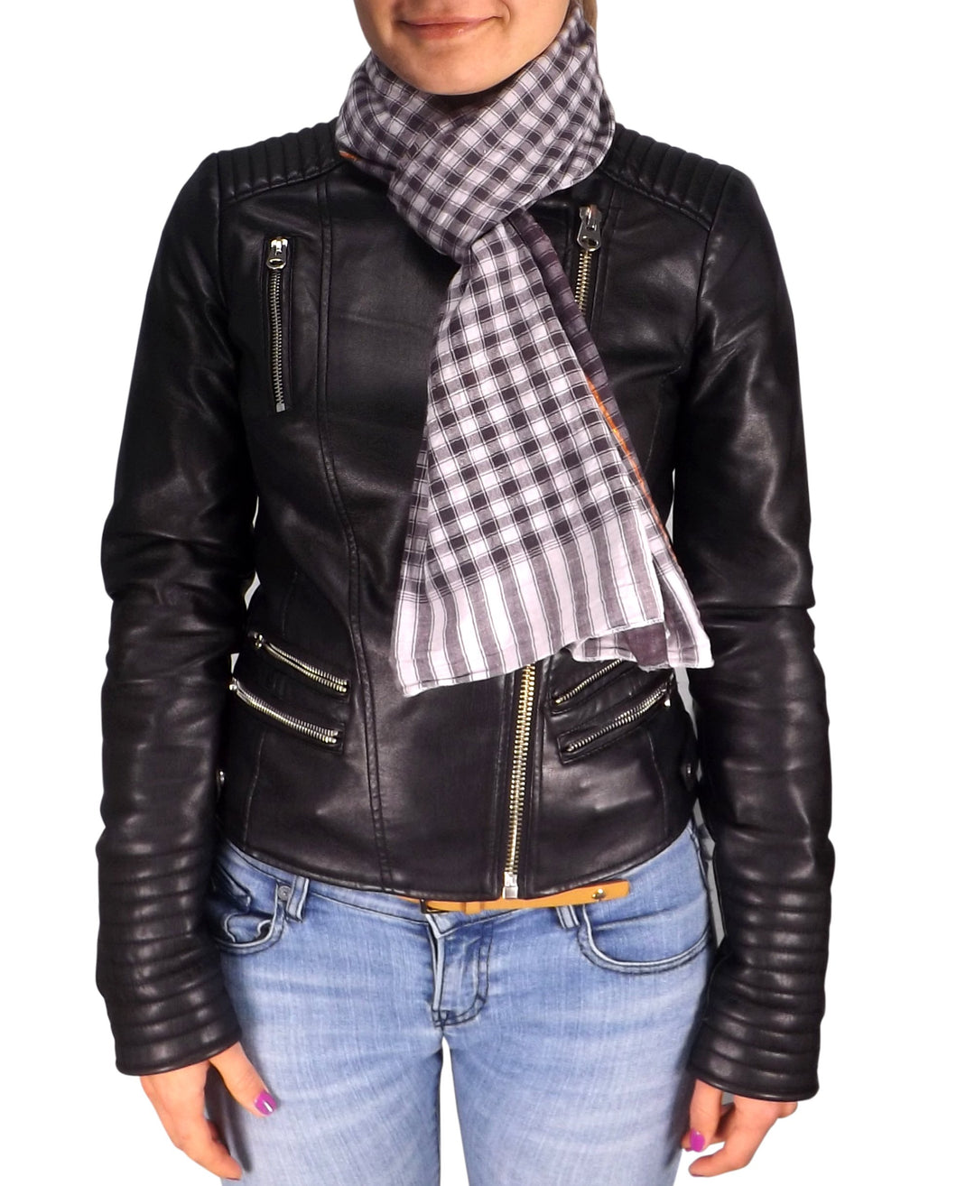Peach Couture Unisex Stylish Checkered Plaid Crinkled All Season Cotton Scarf Wrap (Black)