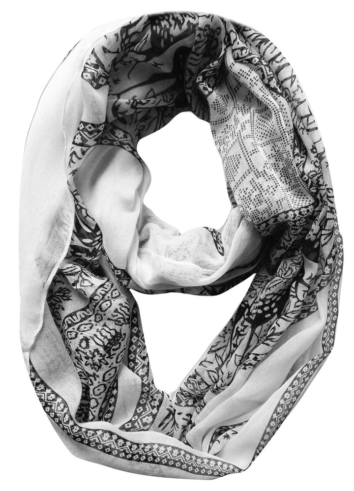 Black infinity loop scarf featuring a white deer animal print pattern for women