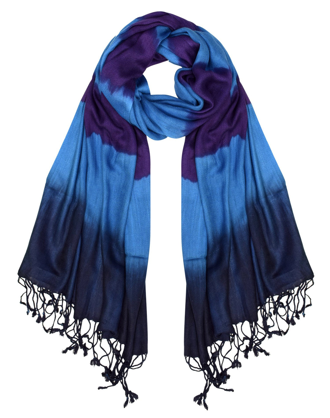 Colorful retro print tie-dye pashmina shawl scarf with fringe in black, purple, and blue tones.