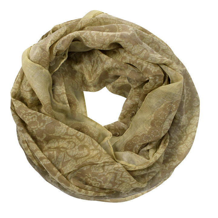 Beautiful Tropical Hawaiian Hibiscus Flower and Lace Design Infinity Loop Scarf (Tan-Brown)
