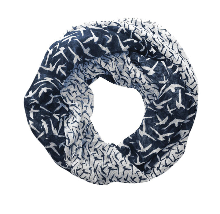 Lightweight navy and white infinity loop scarf featuring a whimsical vintage bird and owl print pattern.