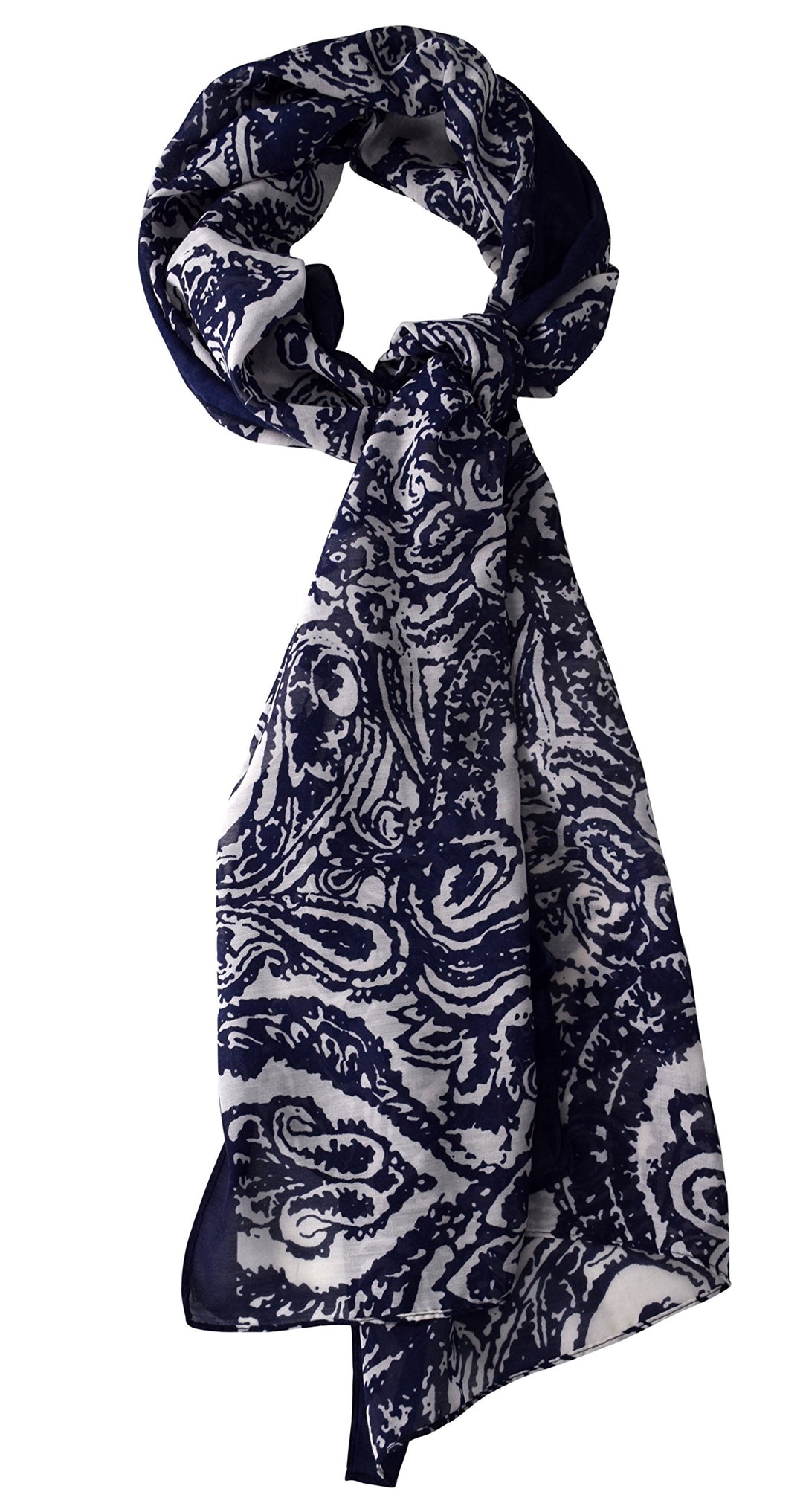 Elegant Damask Paisley Henna Lightweight All Season Shawl Scarf (Navy White)