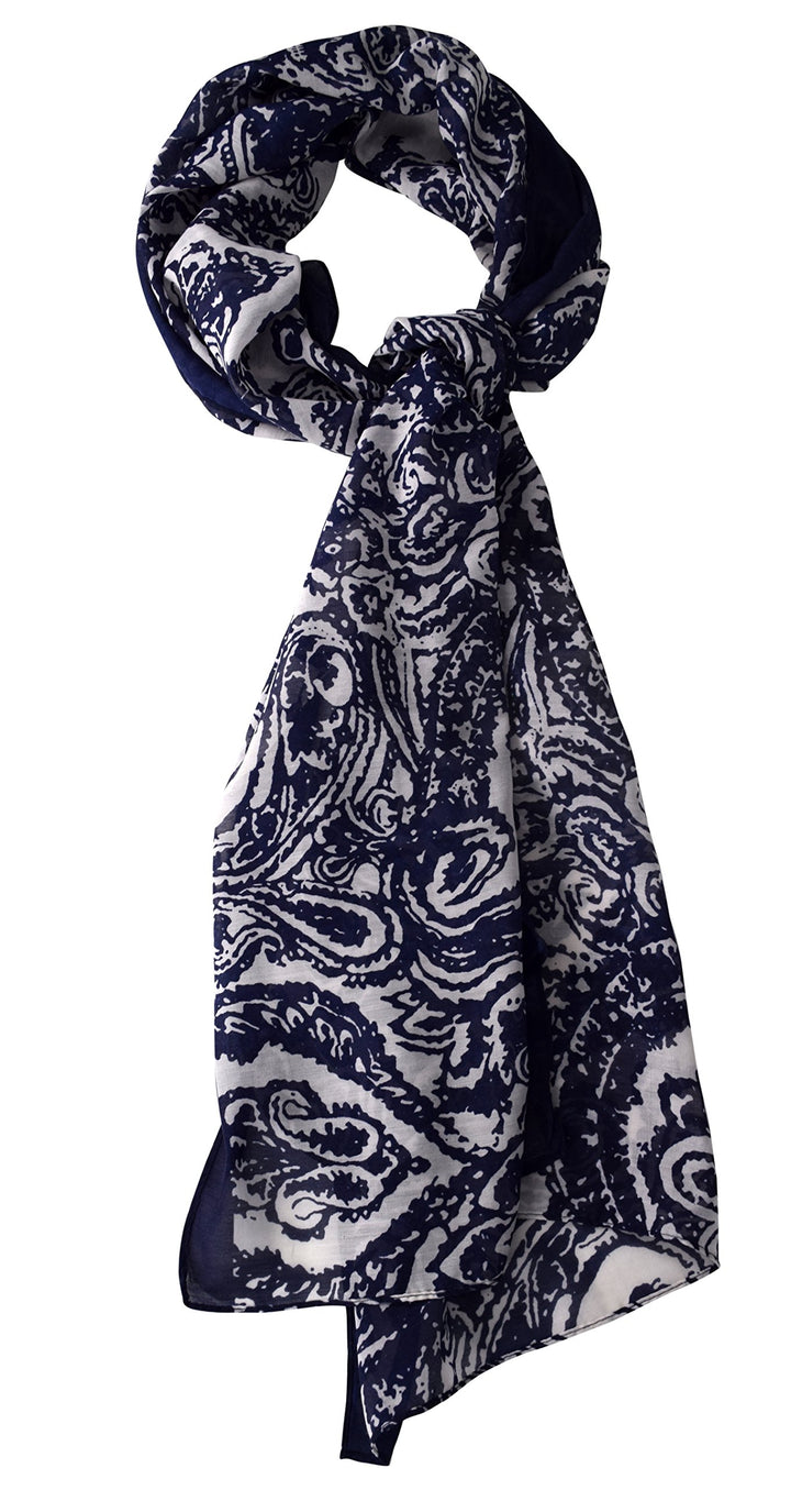 Elegant Damask Paisley Henna Lightweight All Season Shawl Scarf (Navy White)
