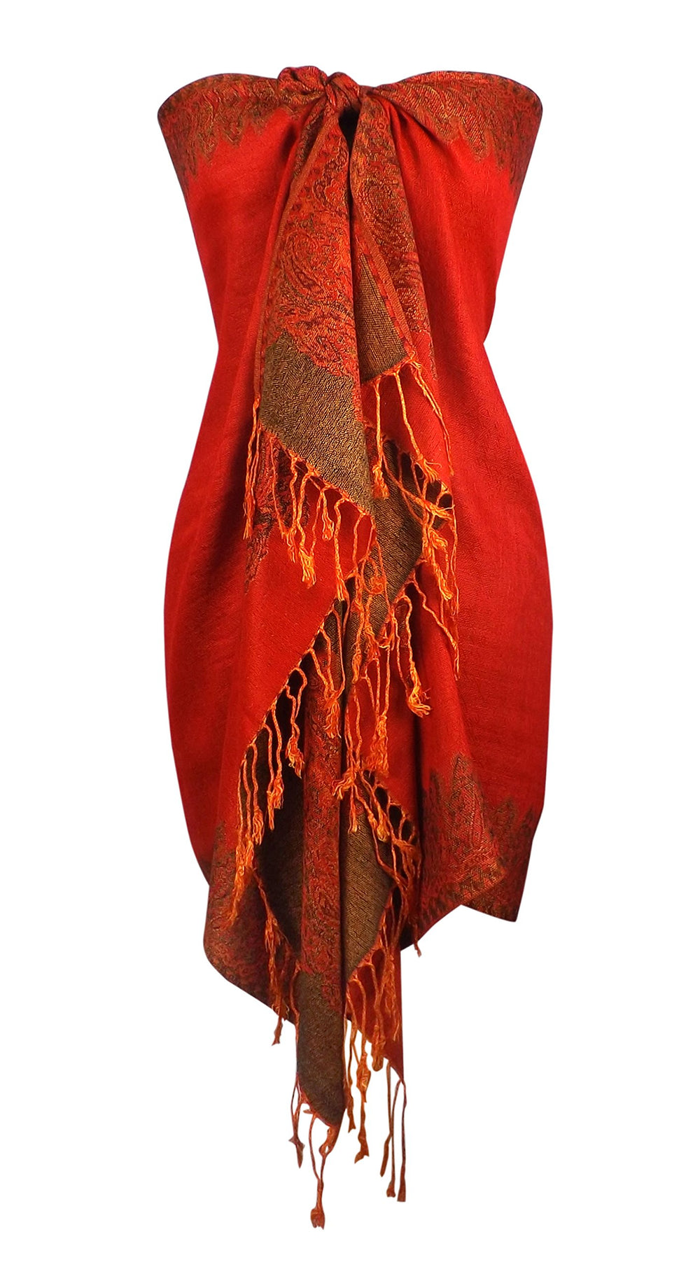 Ravishing reversible jacquard paisley shawl wrap pashmina in red and light gold.