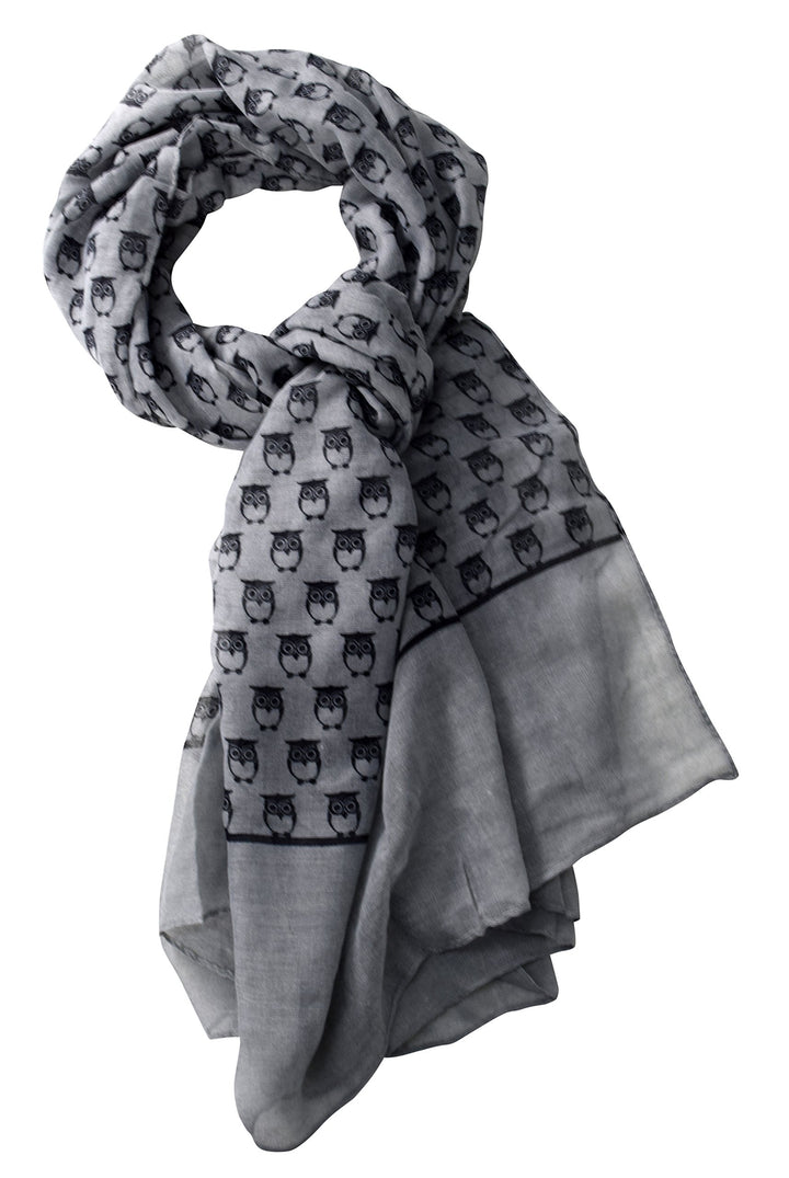 Elegant all season lightweight sheer animal owl print scarf shawl in gray