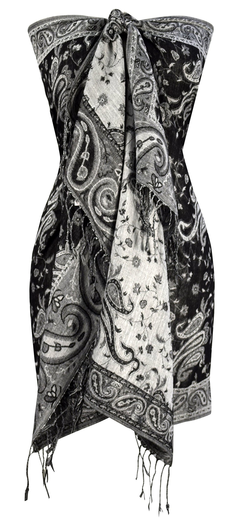 Elegant double-layer reversible pashmina shawl featuring an intricate black and white paisley pattern with delicate fringe trim.