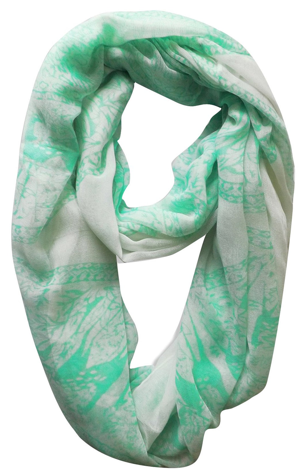 Lightweight mint green infinity loop scarf featuring a nature-inspired luxury deer and animal print design for women.