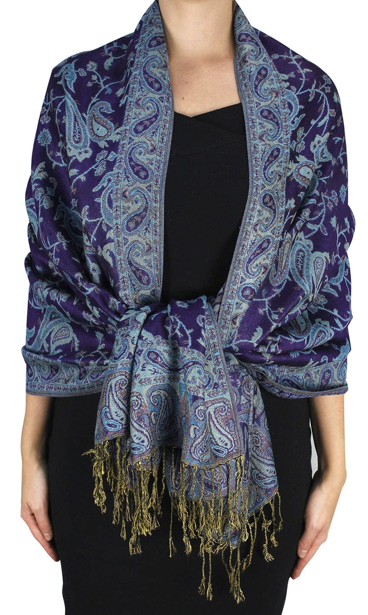 Elegant eggplant purple reversible pashmina shawl with an intricate double-layer paisley pattern and delicate fringe edges.