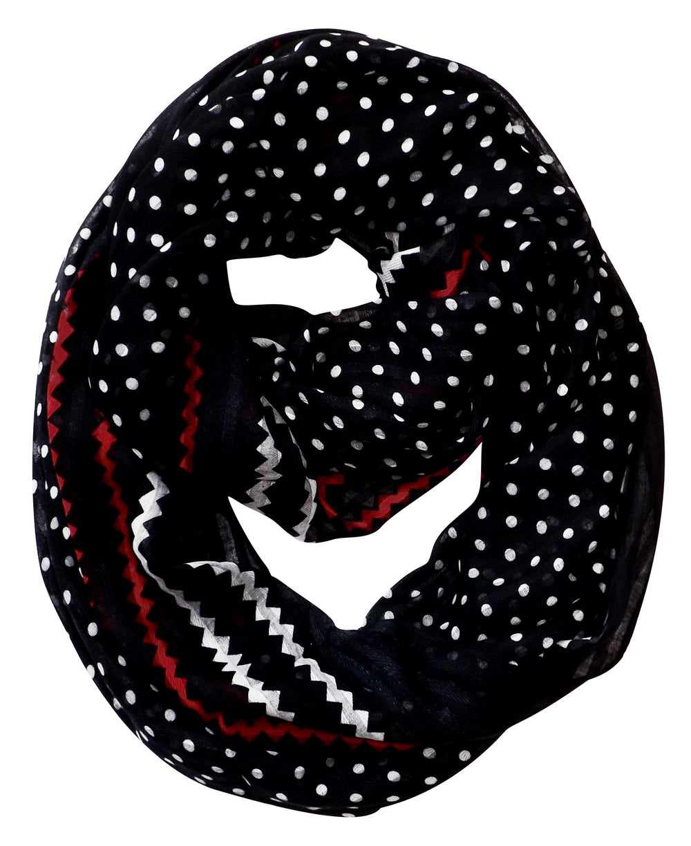 Chic black sheer infinity loop scarf featuring a combination of polka dot and chevron patterns.