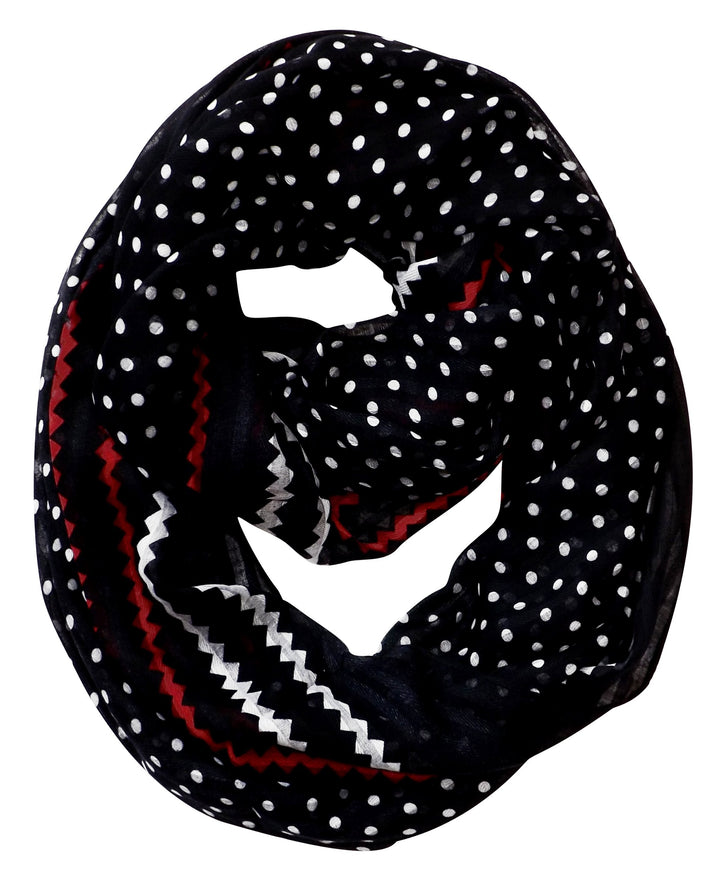 Chic black sheer infinity loop scarf featuring a combination of polka dot and chevron patterns.