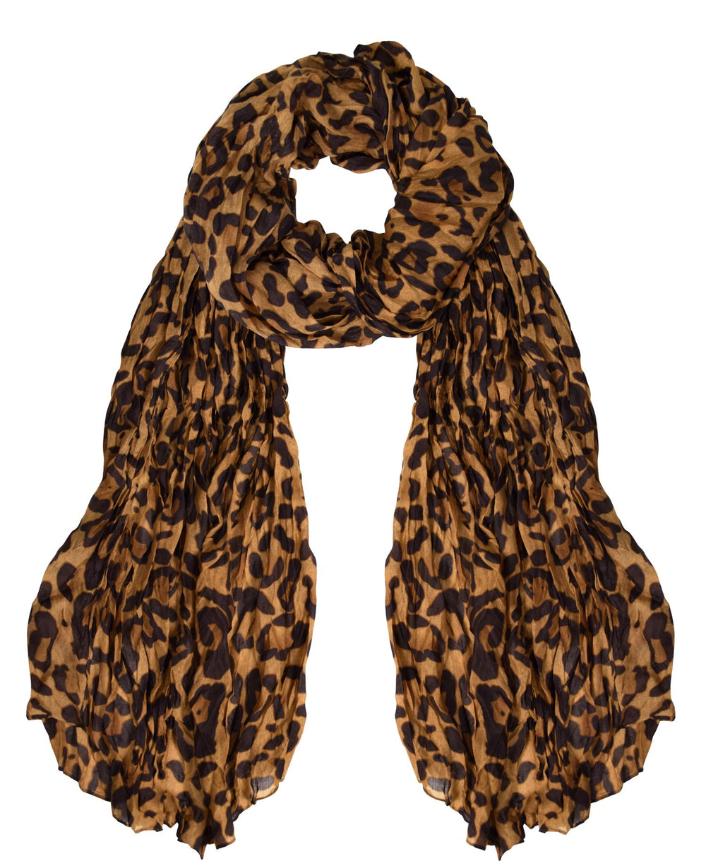 Trendy women's leopard animal print crinkle scarf wrap in brown for versatile styling across all seasons